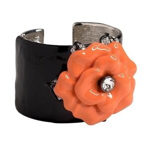 KENNETH JAY LANE, BLACK ENAMEL CUFF WITH CORAL FLOWER ACCENT